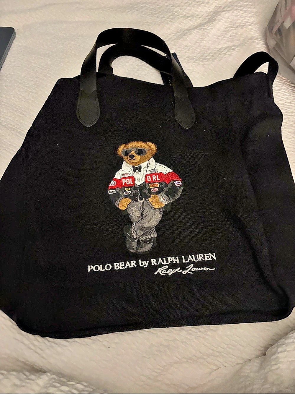 Polo Ralph Lauren tux and racing Polo Bear Canvas Shopper Tote embroidered